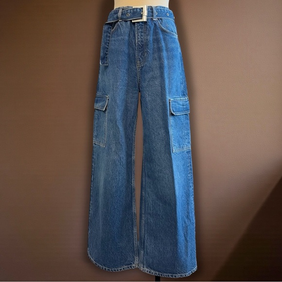 Reformation Denim - Reformation Cary Cargo Wide Leg Slouchy Belted Jeans Blue